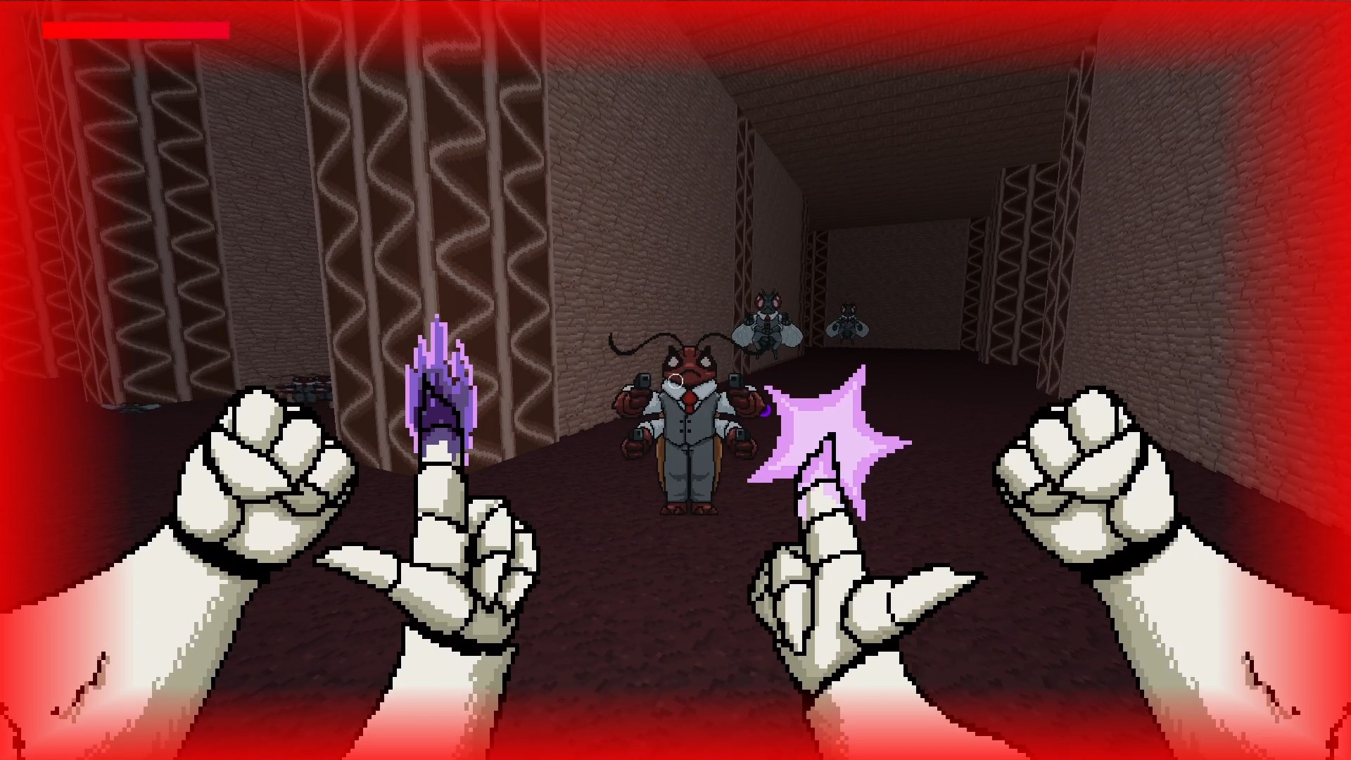 A first person view of the game where the player, as a furious Joth Smoth, points glowing finger-guns and fists at approaching bug mafia members within an iron-walled facility.